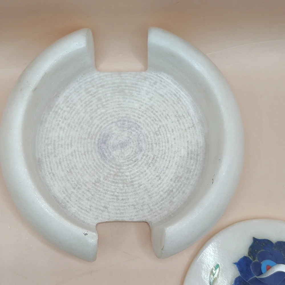 White Marble Coaster Set with Blue Floral Inlay. 3 Pieces.